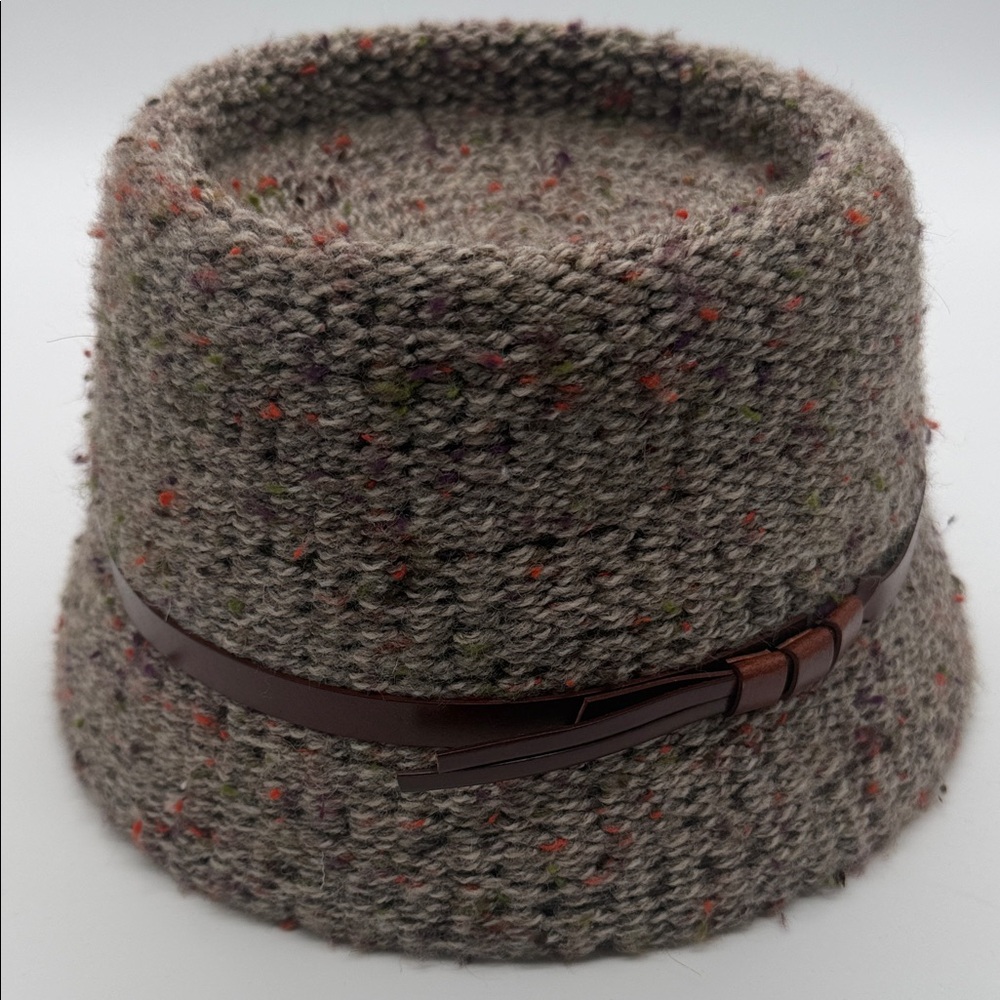 Bettina Hat Textured Brown Tweed Bucket Hat with Leather Accent